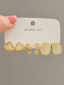 3-9 Pairs Thick Gold Plated Earrings Set, Women's Hypoallergenic Thick Gold Earrings, Multi-Element New Fashion Earrings Set - Gold - View 8
