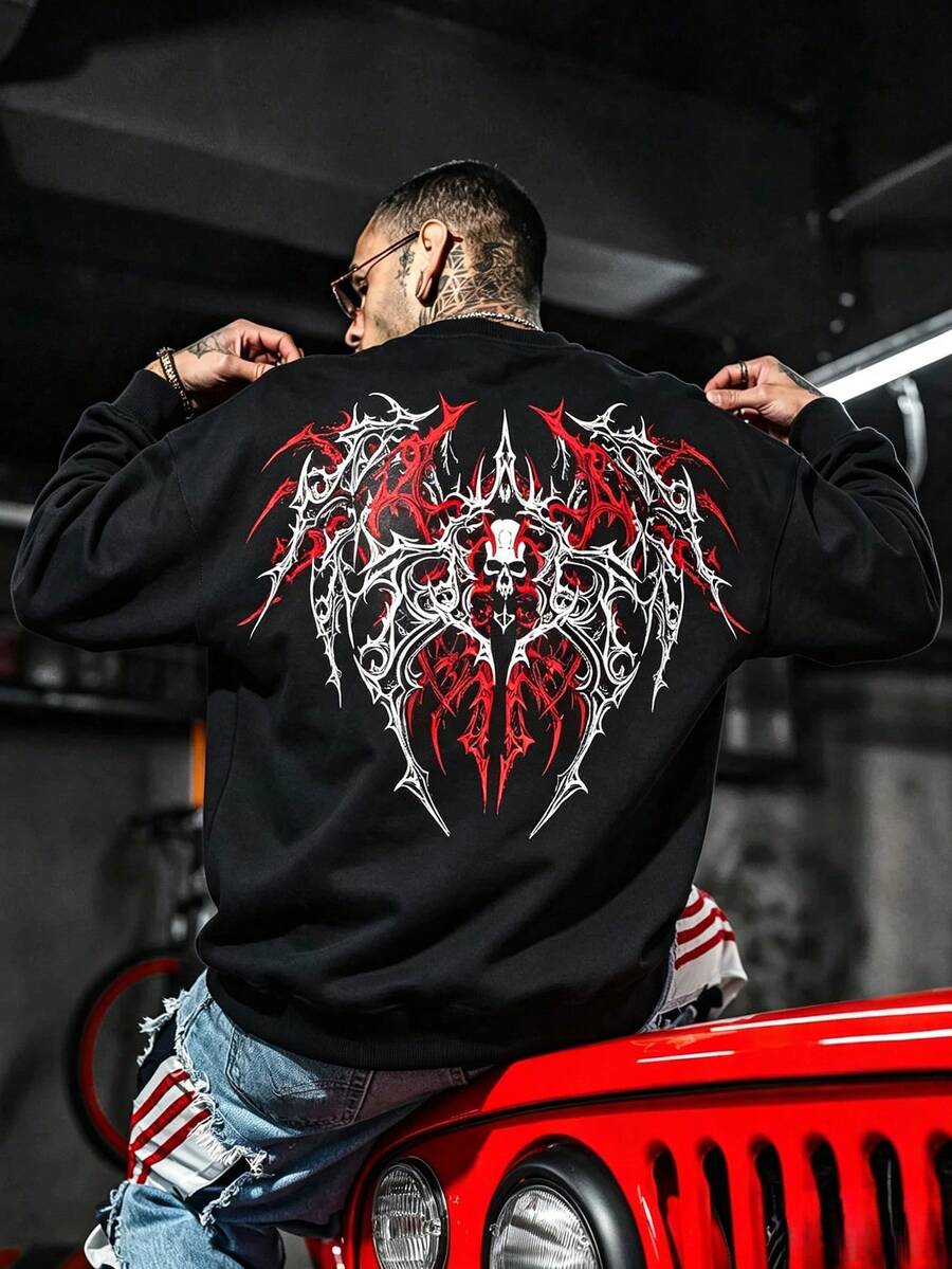 DOPE | High Street Style Black Gothic Print Sweatshirt, Back Large Wing & Heart Design, Oversized Drop Shoulder Casual Long Sleeve Top