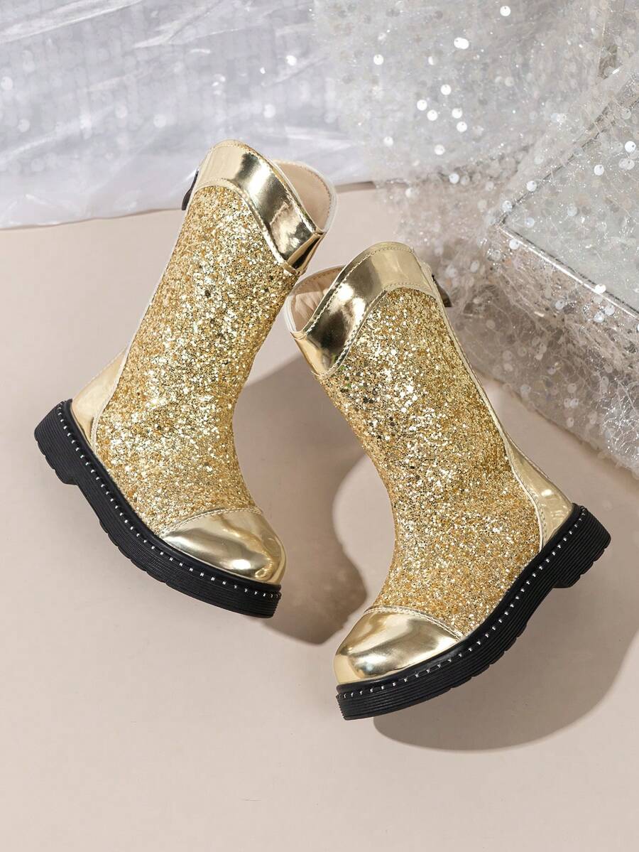 1 Pair Girls' Glitter Western Mid-Calf Boots, Stage Performance, Fashion Show, Christmas, Party, Princess Boots!