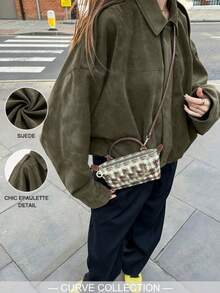Plus Size Women's Green Faux Suede Loose Fit Long Sleeve Woven Fabric Regular Style Autumn Fashion Jacket - Army Green - View 2