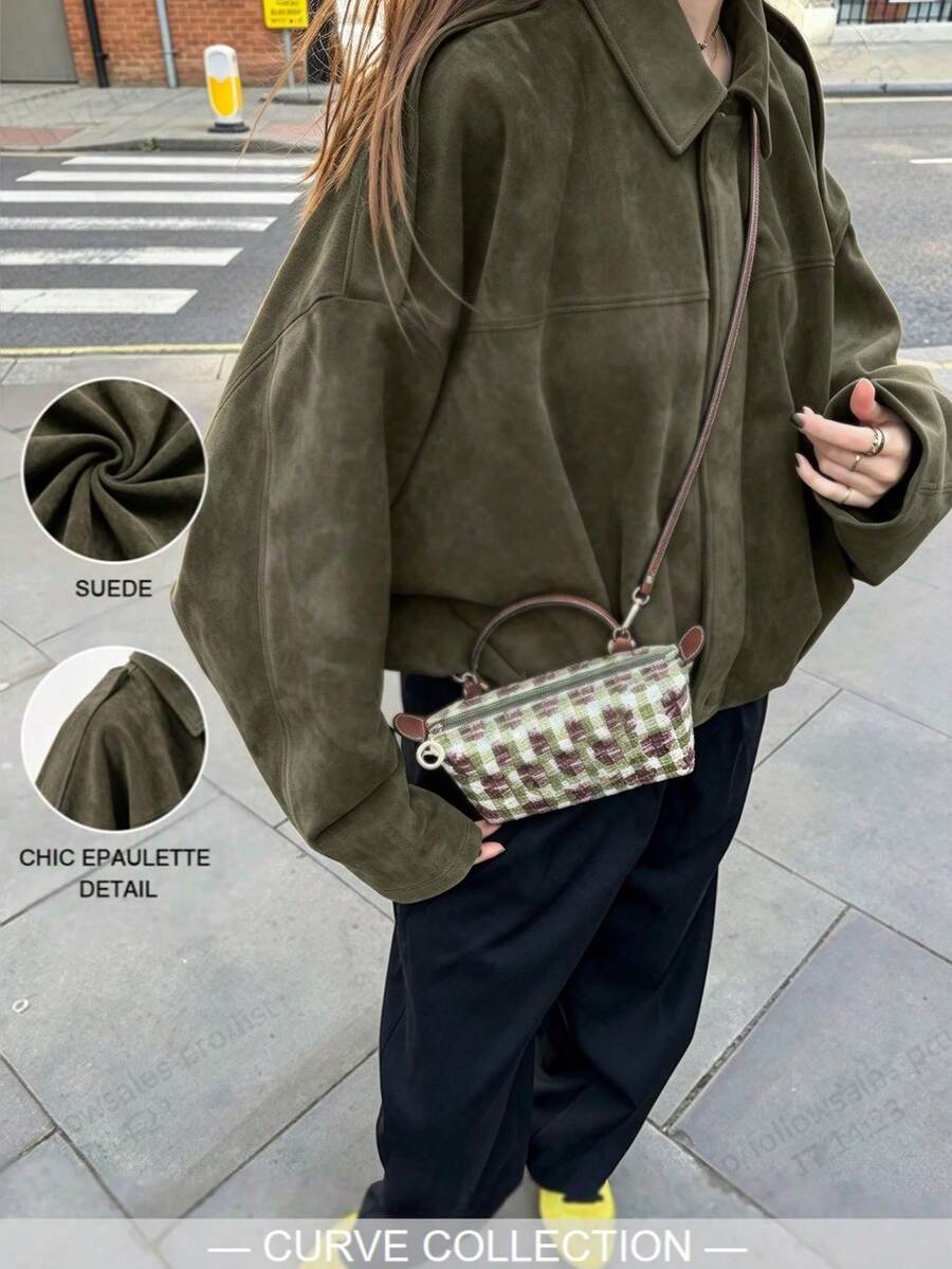 Plus Size Women's Green Faux Suede Loose Fit Long Sleeve Woven Fabric Regular Style Autumn Fashion Jacket