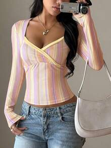 Women's Fashion Versatile Design Contrast Color Striped V-Neck Sexy Minimalist Sexy Daily Street Commute Vacation Casual Striped Top - Multicolor - View 2