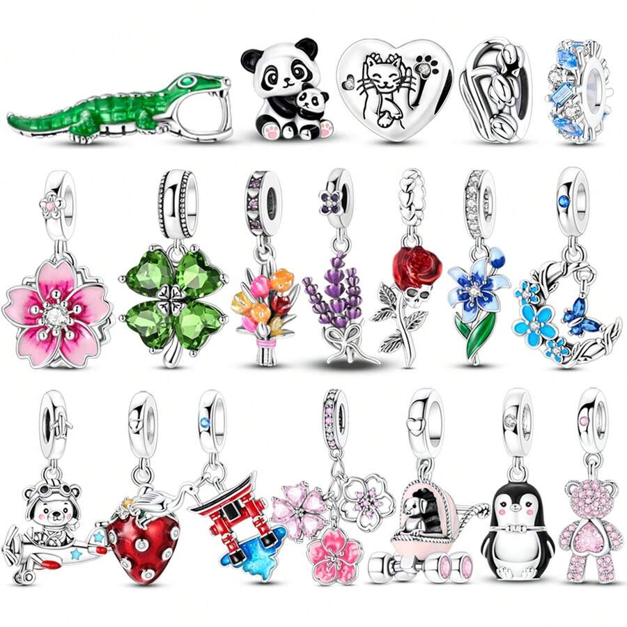 1Pc Sparkling Silver Plated Assorted Design Flowers Animals Charm For Bracelet Necklace Large Hole Spacer Jewelry Making Gift Perfect For Lovely Gifts