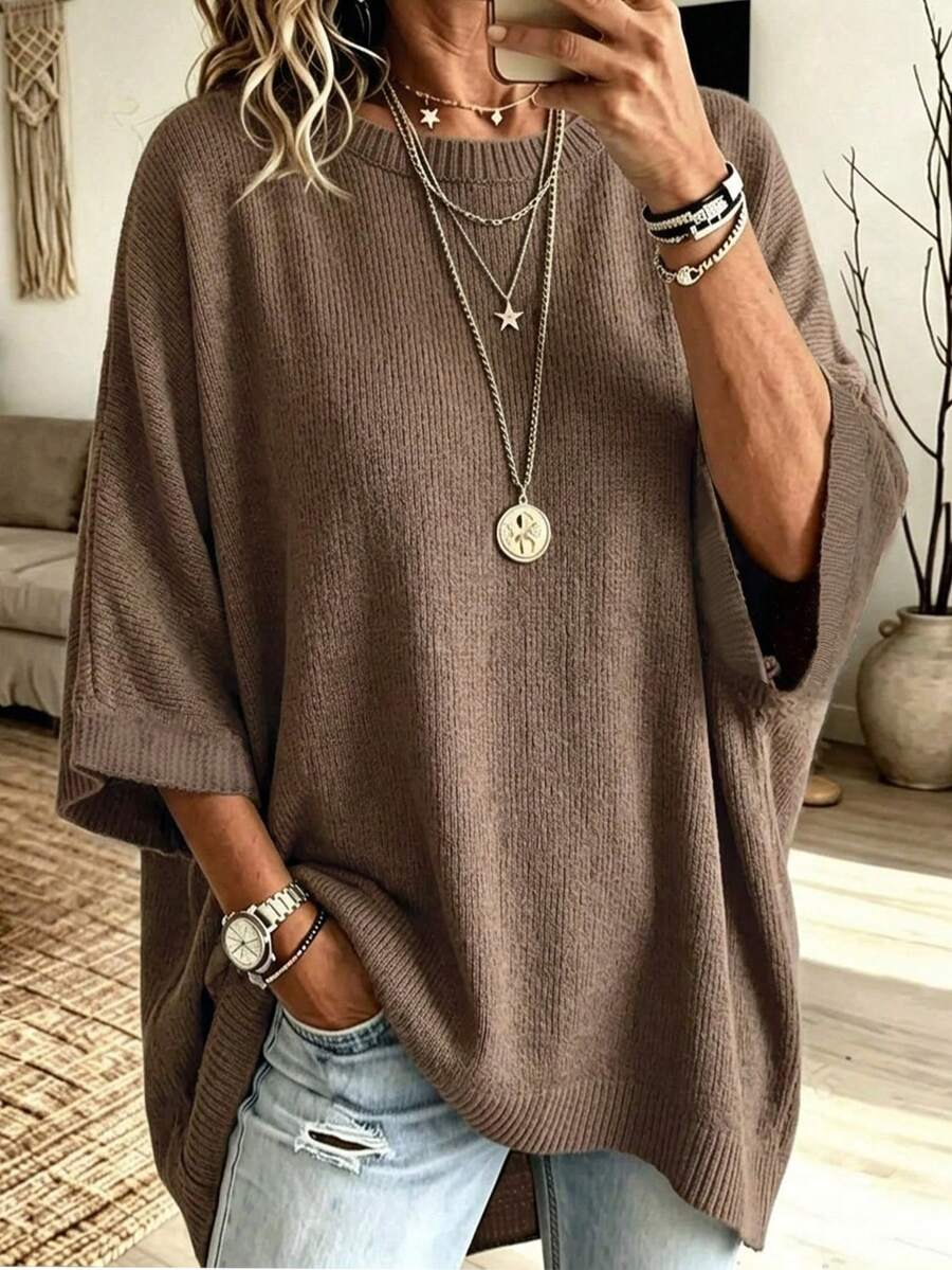 2026 Plus Size Women's Solid Color Round Neck Batwing Sleeve Loose Casual Sweater - Coffee Brown - View 1