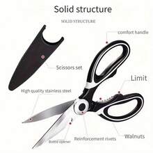 1pc Minimalist Black & White Multi-Function Kitchen Scissors, Stainless Steel Material, Can Cut Vegetables & Meat, Open Bottle Caps, Scrape Fish Scales, Crack Walnuts, Suitable For Kitchen Meal Prep, Family Gatherings, Outdoor Picnics, Heavy-Duty Food Scissors For Home Use, Easy To Clean Multi-Purpose Kitchen Scissors, Suitable For Christmas, Thanksgiving, Birthday Parties And Other Holidays - Multicolor - View 6