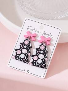 1 Pair Christmas Tree Creative Pink & Black Enamel Design Fashion Earrings For Women, Suitable For Christmas Holiday Wear And Gift - Multicolor - View 2