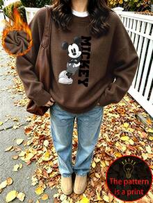 Disney Women's Plus-Size Casual Faux-Knit Top – Mickey & Letter Print, Crew Neck, Long Sleeve, Fall/Winter Top - Brown - View 1
