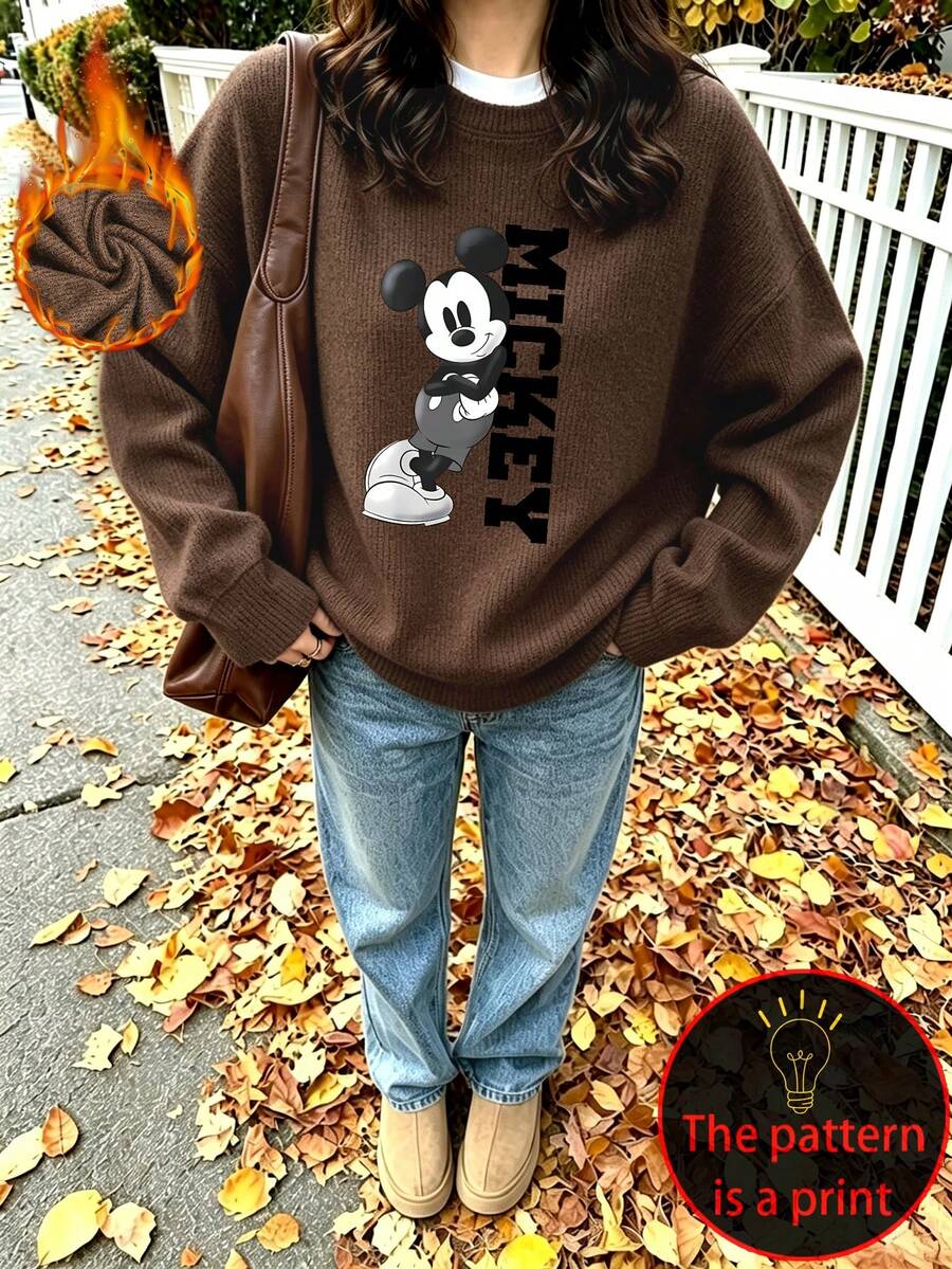 Disney Women's Plus-Size Casual Faux-Knit Top – Mickey & Letter Print, Crew Neck, Long Sleeve, Fall/Winter Top - Brown - View 1