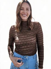Acelitt Spring/Autumn Y2K Geometric Texture High Neck Slim Fit Long Sleeve Mesh Top, Suitable For Daily Wear, Dating, Nightclub Parties And Nightlife - Coffee Brown - View 1
