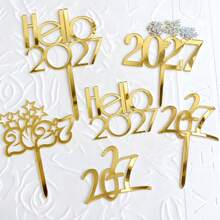 1pc/3pcs/9pcs Gold Hello 2027 Acrylic Cake Toppers, New Year Christmas Party Cake Decorations - Multicolor - View 1