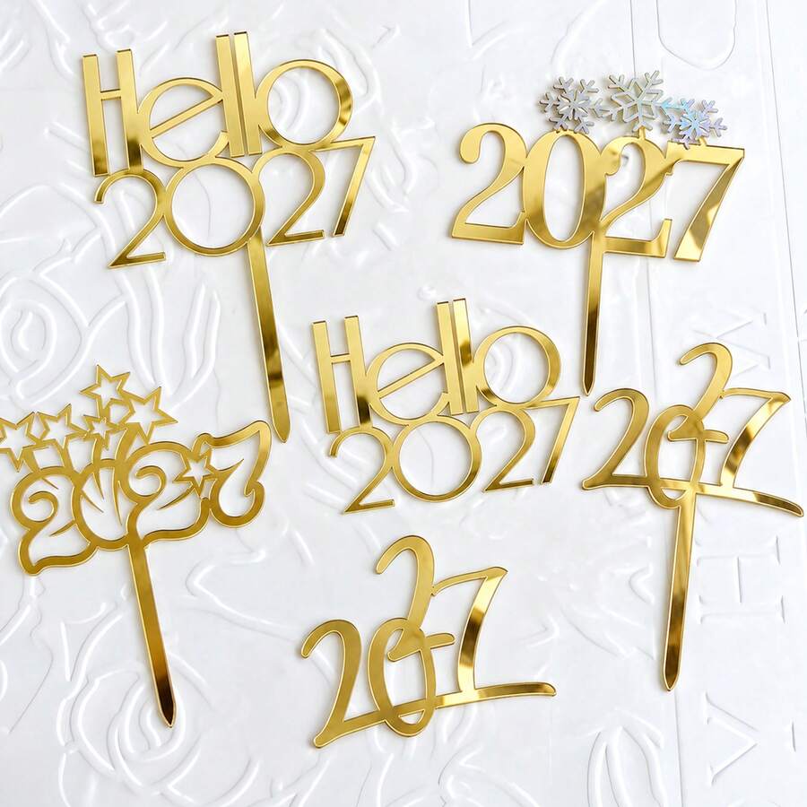 1pc/3pcs/9pcs Gold Hello 2027 Acrylic Cake Toppers, New Year Christmas Party Cake Decorations - Multicolor - View 1
