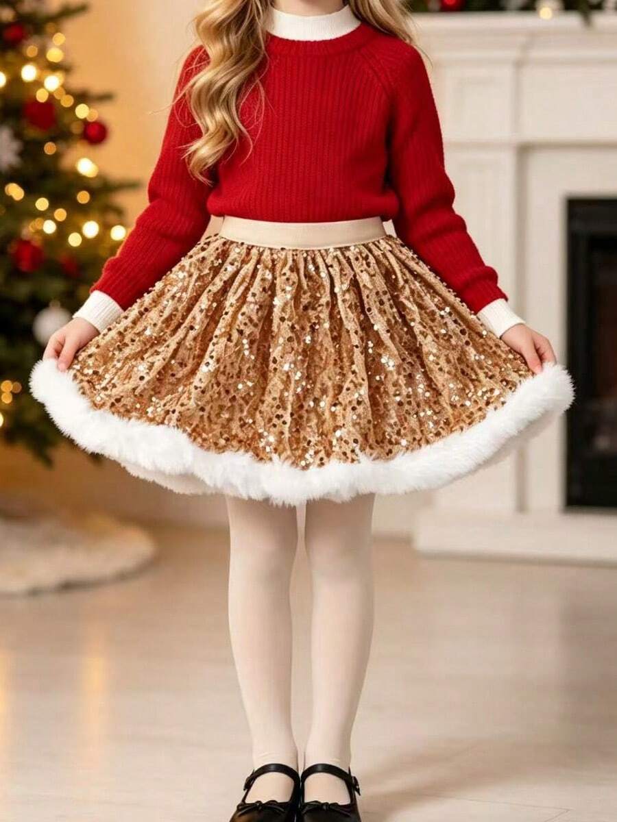 Young Girl' Sequin Plush Patchwork Fluffy Tutu Skirt, Autumn/Winter - الذهبي - مشاهدة 1