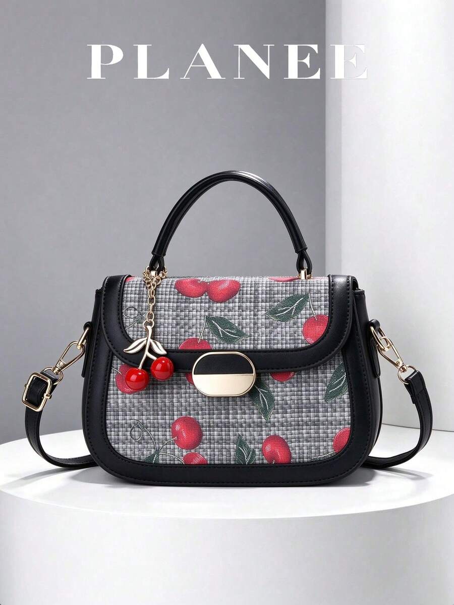 Women's Cherry Print Saddle Bag, Flap Crossbody Shoulder Bag With ...