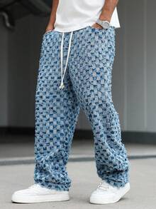 Plaid Frayed Patchwork Straight Leg Jeans, Elastic Waist Drawstring Straight Leg Jeans, Street Fashion Style Frayed Denim Jeans, All-Season Wearable Denim Pants - Blue - View 8