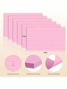 1/3/6pcs Pink Lined Index Cards, Flashcards For College Study, Suitable For School, University, Office And Home Organization, Durable Learning To-Do List Memo Cards With Grid Lines, School Supplies, Random Style - Multicolor - View 6