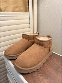 UGGGG Classic Ultra Mini Winter Boots, Genuine Suede Upper Cozy Sheepskin Lining Slip On Snow Booties - Maroon - View 3
