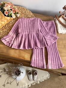 2pcs Set Atasan dan Celana Lengan Lonceng Bergaris Vertikal Lucu Gaya Mori untuk Bayi Perempuan, Minimalis Musim Semi/Gugur - Lilac Purple - View 2