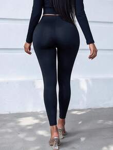 FLEXCHIC Plus Size Women's Solid Color Wide Waist Leggings - Black - View 4