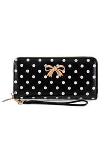 New Polka Dot Print Long Zipper Wallet With Metal Bowknot Decoration, Wrist Strap, Card Slots And Coin Compartment - Multicolor - View 10