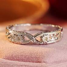 Women's Twisted Hollow Thin Ring, Embossed Design With Small Flower Synthetic Zirconia Accents, Exquisite Jewelry - Silver - View 6