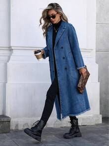 Autumn Winter Versatile Fashion Women's Casual Washed Double-Breasted Denim Jacket - Blue - View 5
