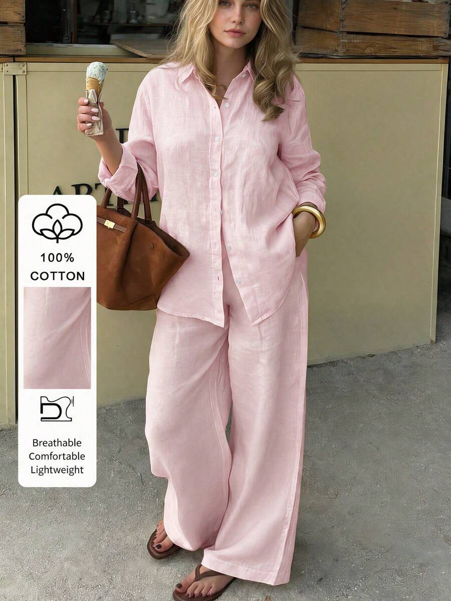 PoPoHouse Women's Autumn 2 Pieces Set Solid Color Cotton Casual Long Sleeve Collared Shirt Top And Loose Wide Leg Pants Pink Elegant