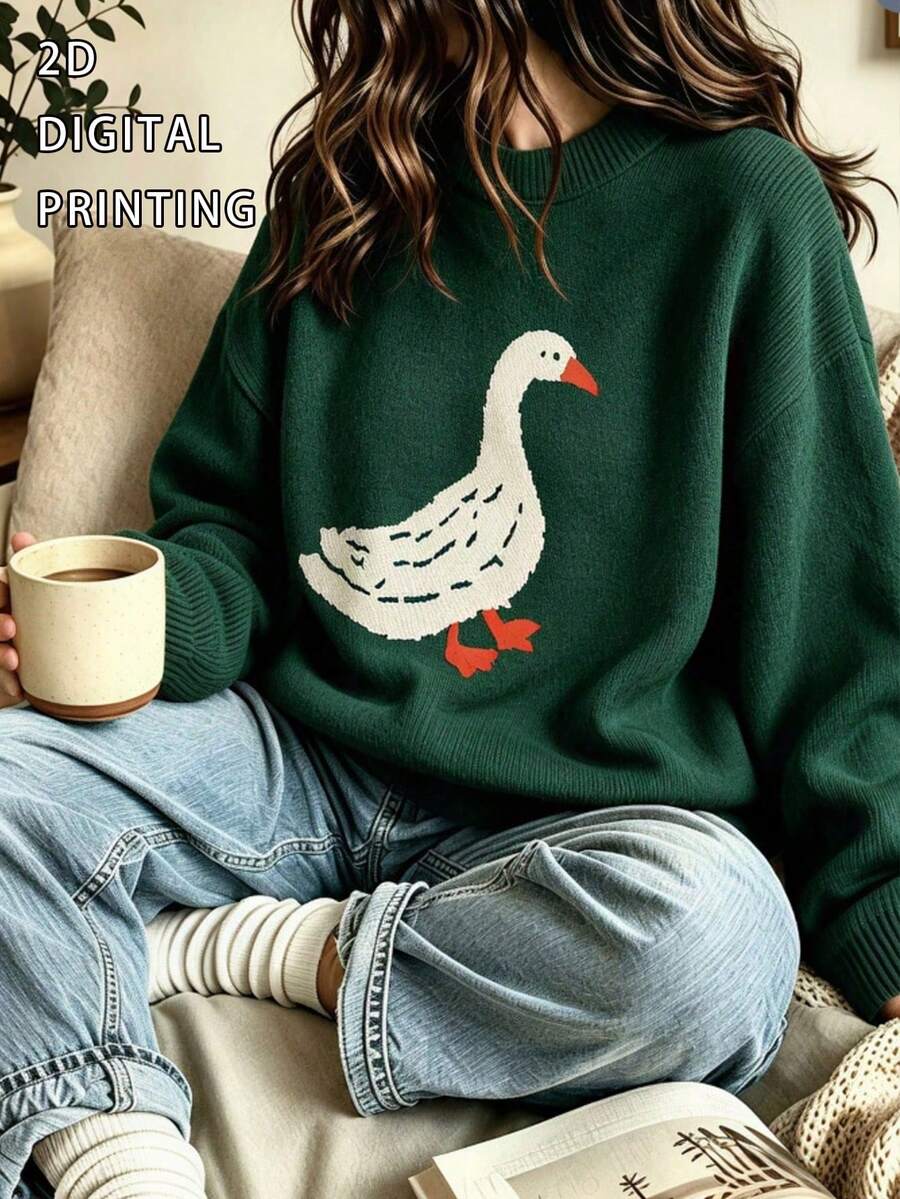 Women's Plus Size Sweater, Goose Pattern, Comfortable Autumn/Winter Women's Clothing, Long Sleeve Crew Neck - Green - View 1