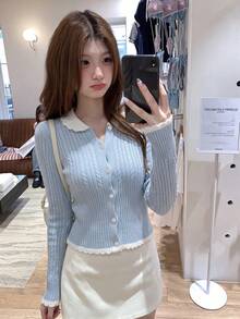 Women's Light Blue Wool Button Cardigan Sweater With White Fan Collar, Suitable For Autumn/Winter Preppy Style - Blue - View 2