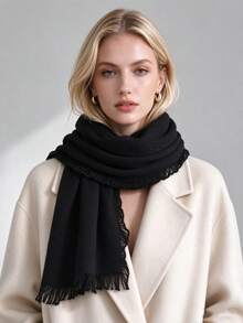 suzhichou 1Pc 100% Wool Ruffled Fringe Scarf, Elegant Wood Ear Edge Aesthetic Shawl Wrap, Lightweight Soft Long Neck Scarf, Women Fall Winter Decorative - Black - View 6