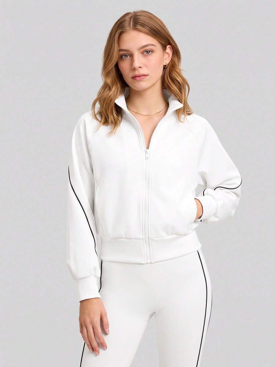 NcmRyu Women's 1pc Autumn/Winter Color Block Line Design High Neck Zipper Pocket Cropped Fitness Training Jacket - White - View 1