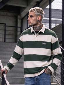 Men's American Vintage Green & White Wide Striped Long Sleeve Polo Shirt With Dragonfly Embroidery, Loose Fit Rugby Collar Top - Dark Green - View 3