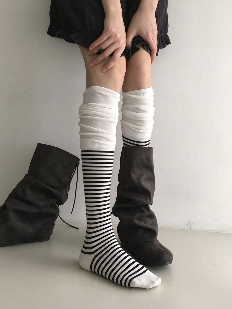 1/2/4 Pairs Of Striped Slouchy Gray Sock, Striped Patchwork Slouch Socks, Versatile Style Slouch Socks - Multicolor - View 1