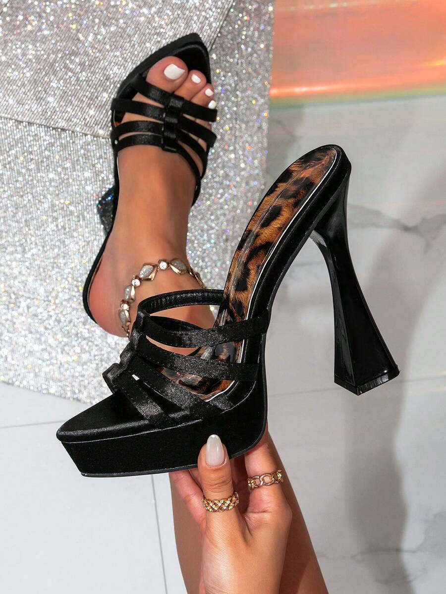 Women's Thick Platform Pointed Toe Black Glamorous Party Stiletto High Heel Sandals, Suitable For Outdoor Wear Slippers - Black - View 1