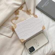 Crocodile Embossed Metal Corner Small Square Bag, Fashionable Women's Chain Crossbody Bag, Unique Solid Color Stone Texture Clutch Bag, Can Fit Phone And Coin Purse - A - View 8