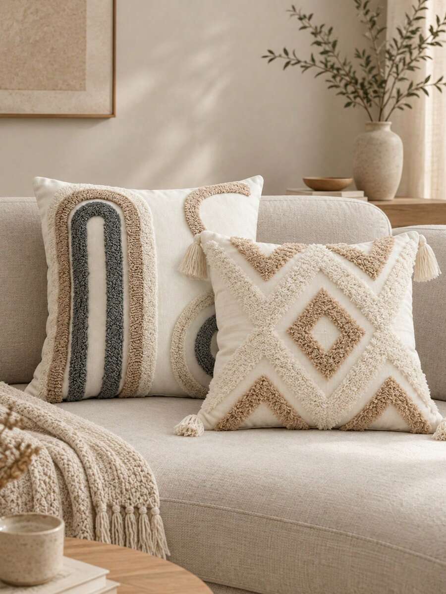 2Pcs Boho Tufted Throw Pillow Covers, Geometric Arch & Diamond Pattern Cushion Cases With Tassels, Canvas Neutral Color Decorative Pillowcases For Sofa Couch Bedroom Farmhouse Home Decor, Insert Not Included