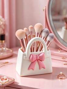3D Printed Bow Bag Makeup Brush Holder, Multifunctional Desktop Storage Organizer, Cute Aesthetic Vanity Decor, Cosmetic Brush Container, Desk Pen Holder, Makeup Room Decor Gift - White - View 7