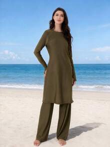 VFJ Women's Swimwear 2 Pieces Set, Full Coverage Sun Protection Clothing, Islamic Burkini Swimwear, Long Beach Outfit Vacation Summer - Olive Green - View 2