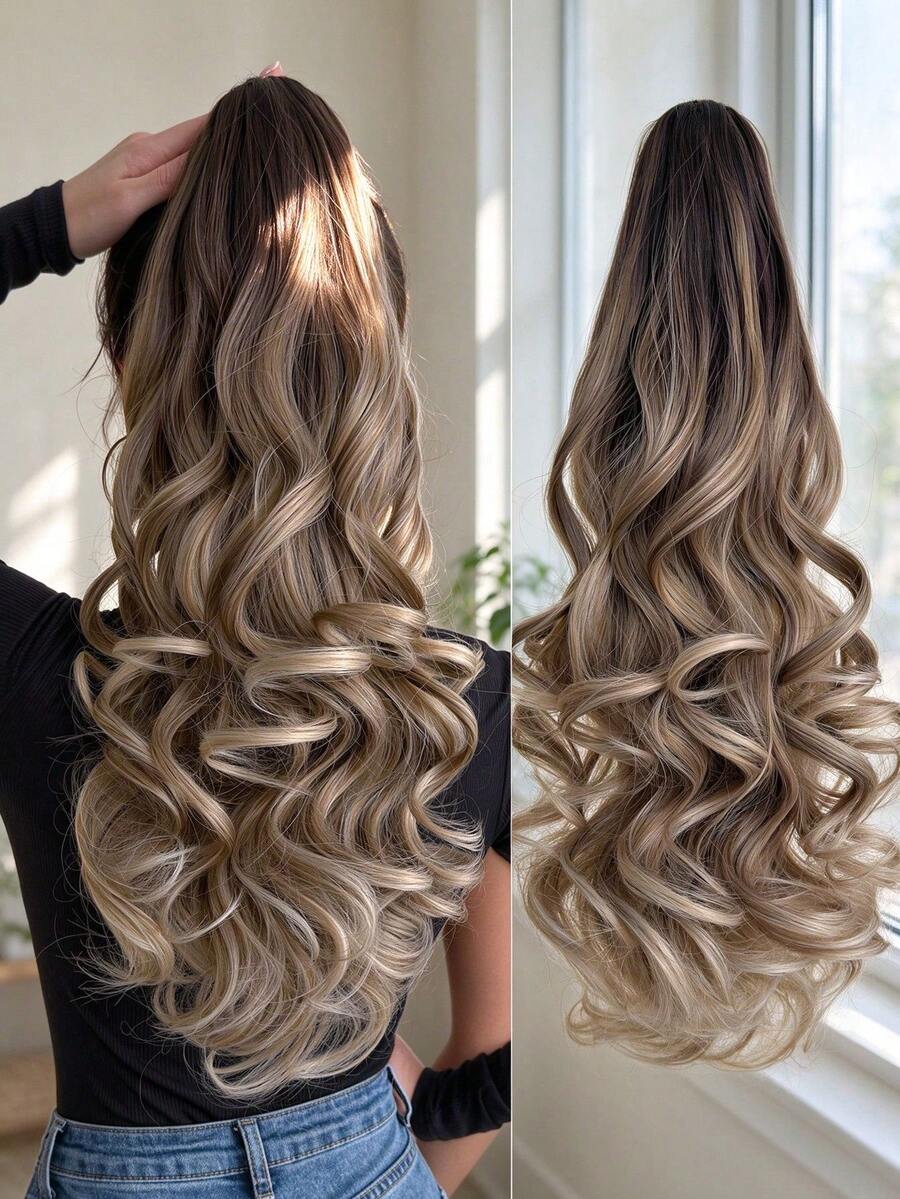 HEYPINK Claw-Shaped Ponytail Hair Extension, Light Brown, 22-24 Inches Long, Deep Wave Curl, Heat-Resistant Synthetic Fiber Ponytail Wig, Suitable For Women's Daily Wear, Halloween