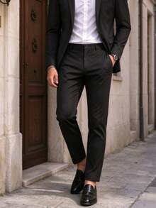 Men's Casual Straight Leg Dress Pants, Regular Fit With Zipper Fly, Suitable For Spring, Autumn And All Seasons, Office And Casual Wear - Black - View 3