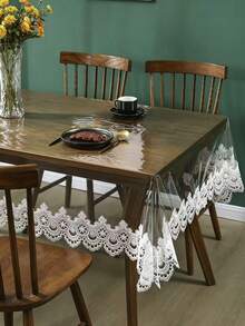 1pc Transparent PVC Embroidered Lace Edge Tablecloth, Modern Style PVC Rectangular Waterproof Oil-Proof Dust-Proof Tablecloth, Suitable For Dining Table Coffee Table Tea Table Daily Home Decor And Party Wedding Holiday - White - View 4