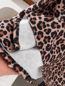 2pcs Girls Sweet Cool Spicy Style Big Bow Decor Flutter Sleeve Round Neck Long Sleeve Top & Leopard Print High Waist Elastic Skirt Set, Spring/Autumn - Black - View 7