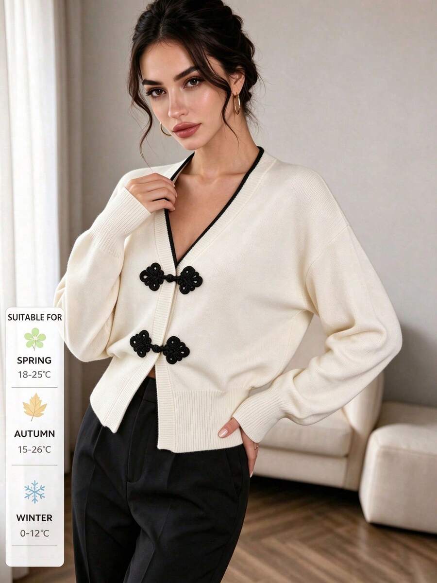 SUNSTORY Women's Autumn Beige & Contrast Color V-Neck Knitted Cardigan, New Chinese Style Frog Button Short Long Sleeve Sweater Jacket, - White - View 1