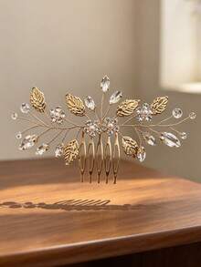 1pc Gold Leaf Texture Rhinestone Flower Crystal Bead Metal Hair Comb, Women's Bridal Hair Accessory, Elegant Updo Hair Ornament For Wedding And Party - Multicolor - View 2