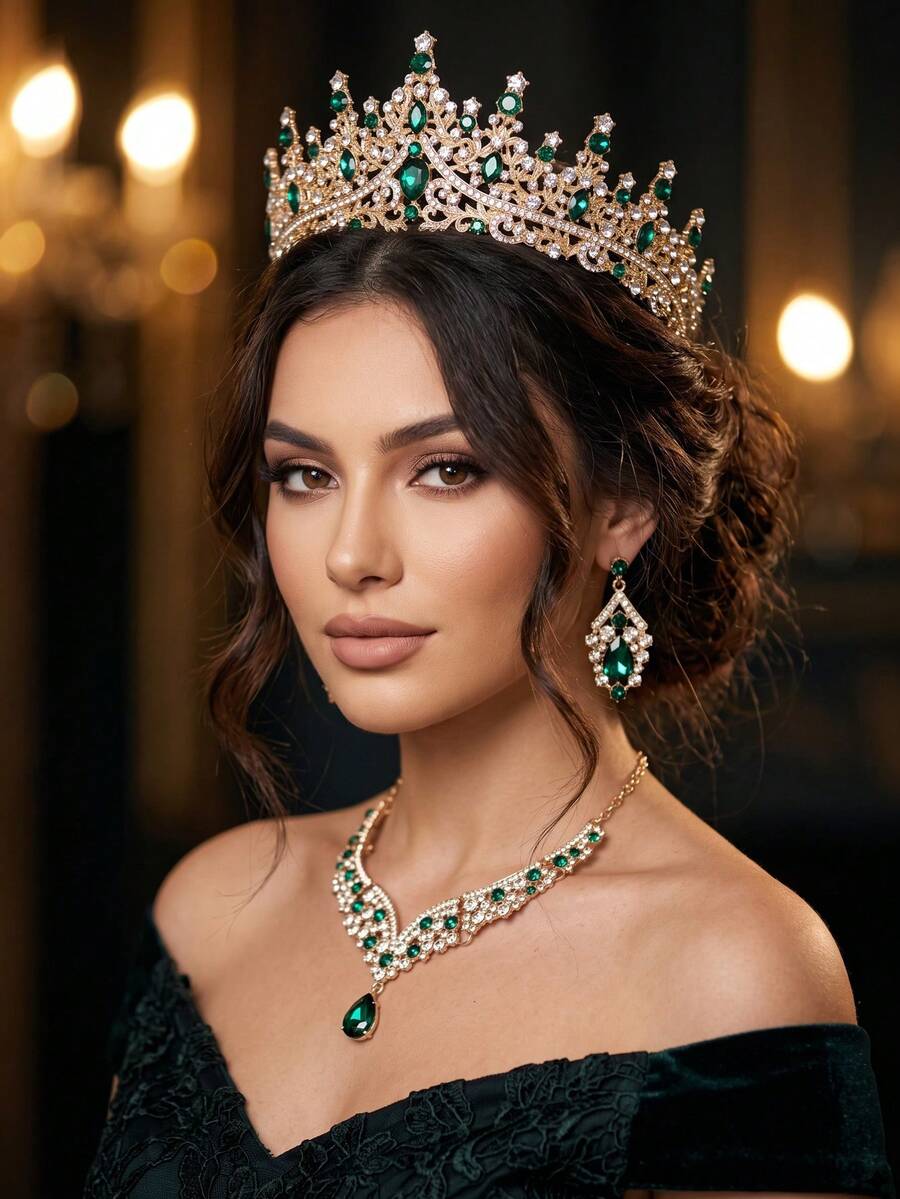 Wedding Fashion Jewelry Set Bridal Accessories Rhinestone Crown Gorgeous Necklace Earrings 4pcs Wedding Dress Party Halloween Use