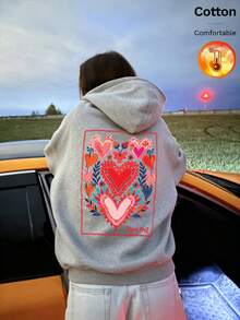 Women's Autumn/Winter Hooded Sweatshirt, Heart And Floral Print, Y2K Style - Floral Gray - View 8