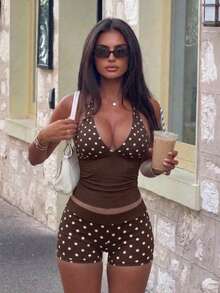 Polka Dot Print Deep V-Neck Patchwork Halter Neck Fitted Tank Top & Shorts 2 Pieces Set Elegant Summer - Coffee Brown - View 1