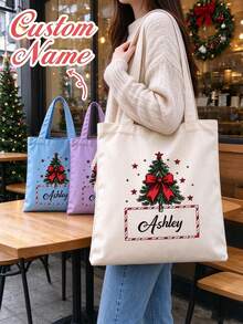 Personalized Christmas Tree Tote Bag, Large Capacity Shoulder Bag, Customizable Foldable Personalized Tote Bag, Printed With Name And Logo Text, Multiple Colors Available, Solid Color Large Capacity Shoulder Bag, Suitable For Work Occasions - Multicolor - View 4