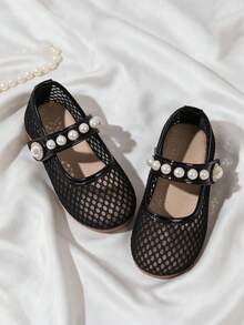 1 Pair Black Pearl Mesh Ballet Shoes, Round Toe, Hook And Loop Design, Pearl Decor, Fashionable And Cute, Suitable For Party, Shopping, Daily Wear - Black - View 3