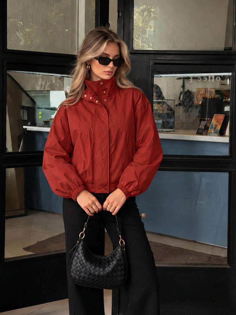 Women's Autumn Burgundy Short Flight Jacket, Funnel Neck Zipper Closure, Casual Long Sleeve Street Style Outerwear, Fashionable Autumn Jacket - Red - View 1