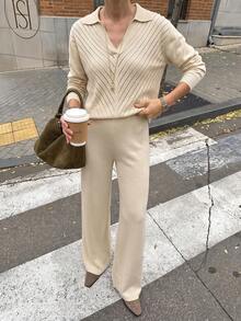 Women's Ribbed Knit Sweater And Wide Leg Pants Set, Long Sleeve V-Neck Casual Outfit For Autumn/Winter - Apricot - View 1